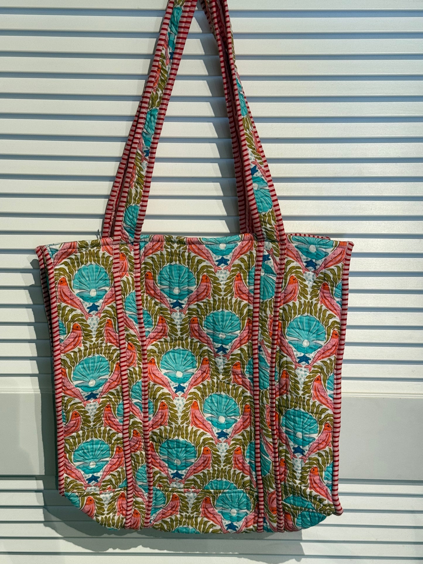 Pearl shell/fish print reversible tote bag