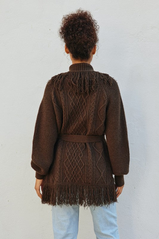 Cable Detail Fringe Long Cardigan