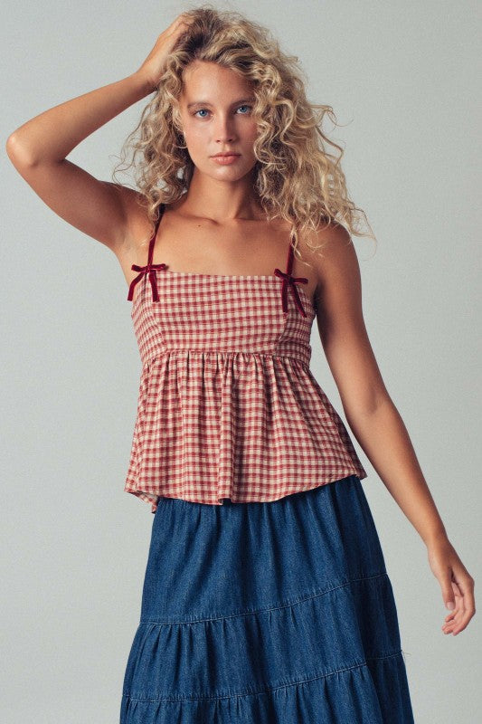 Gingham Peplum Top With Velvet Straps
