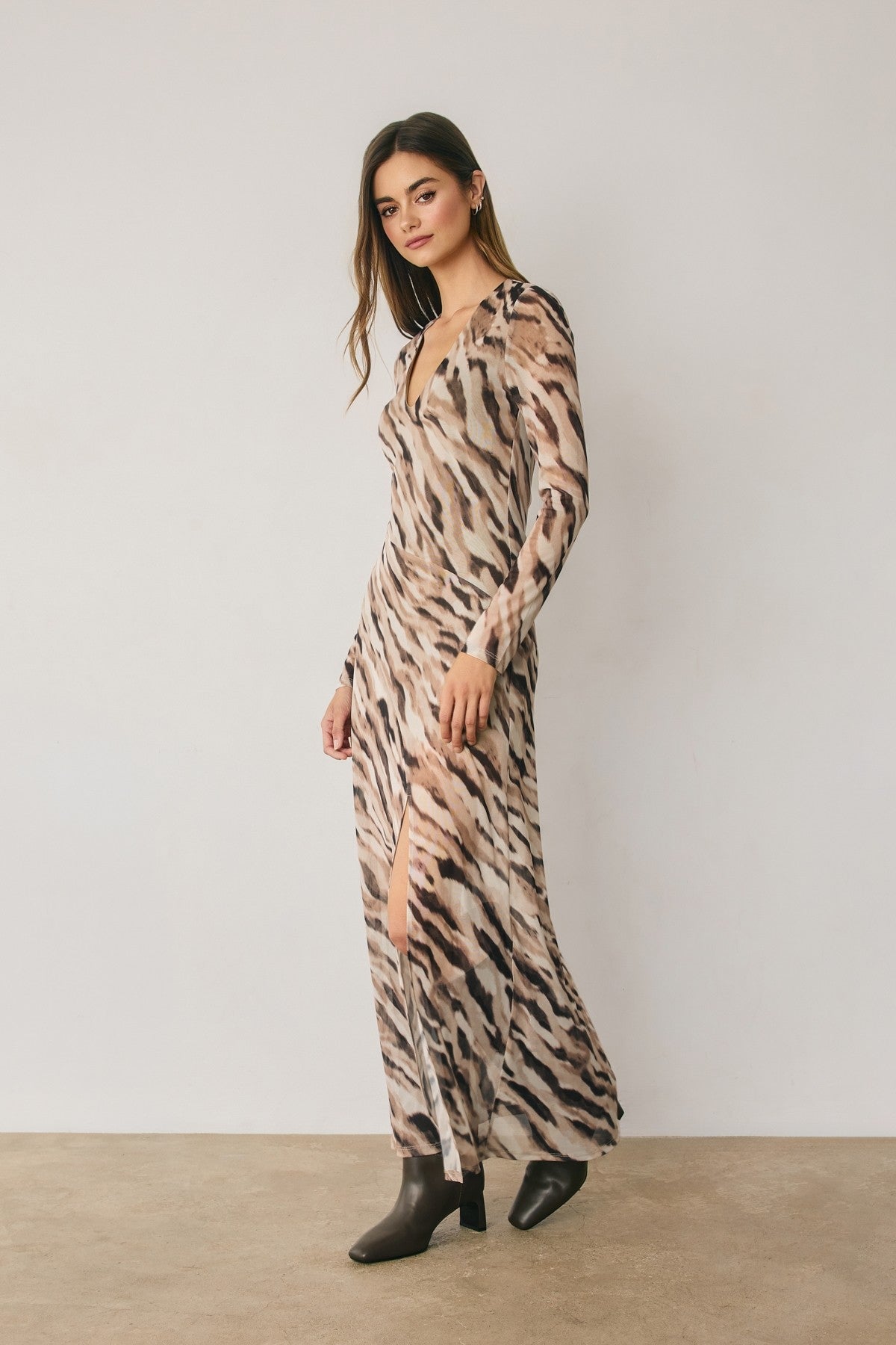 Animal Mesh Plunging Maxi Dress