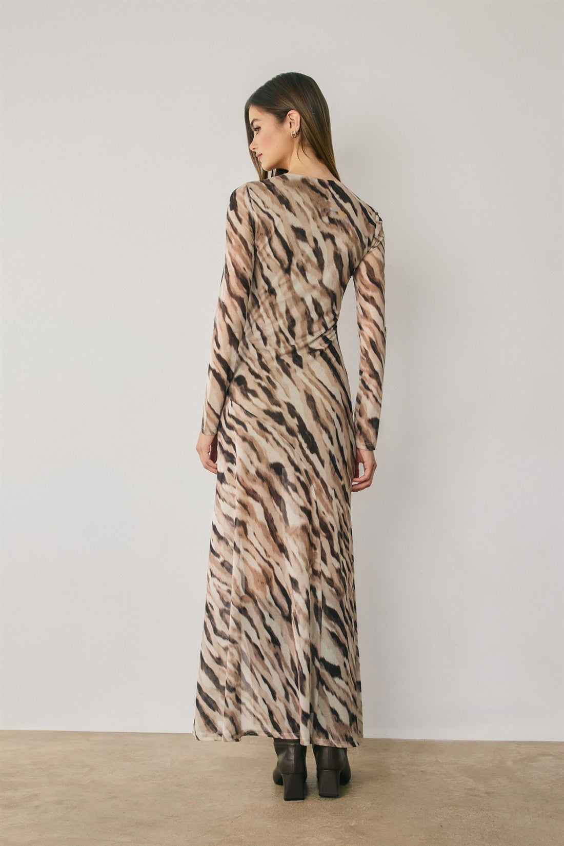 Animal Mesh Plunging Maxi Dress