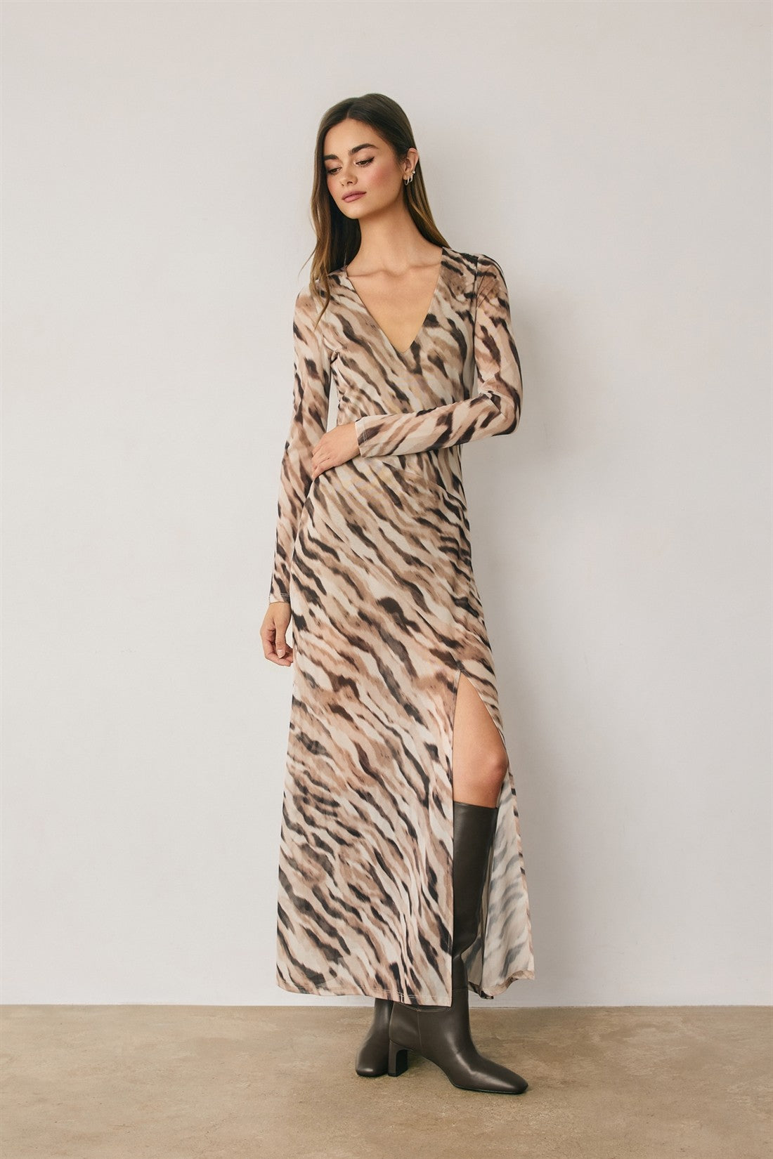 Animal Mesh Plunging Maxi Dress