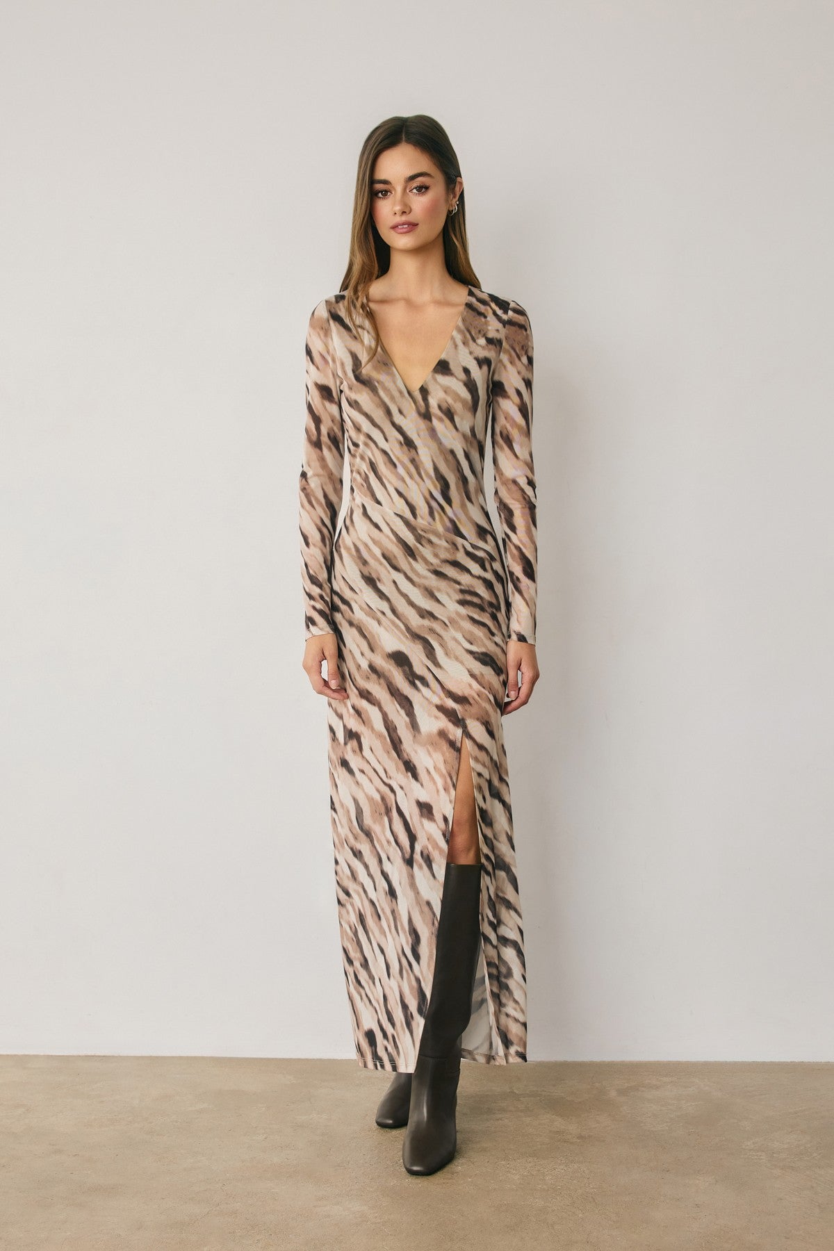 Animal Mesh Plunging Maxi Dress