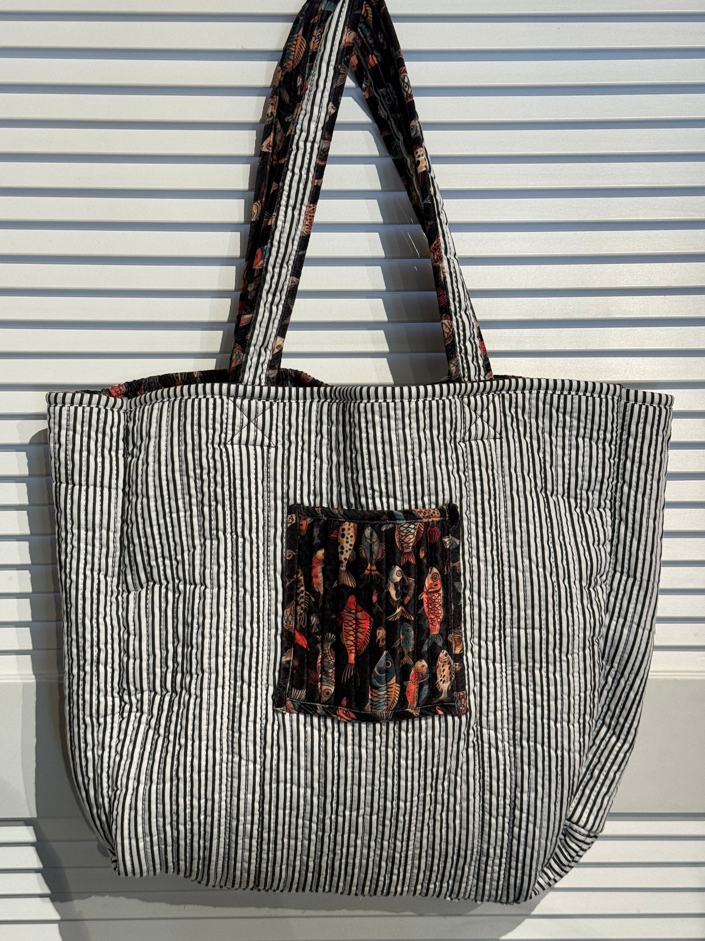 dark fish printed velvet tote