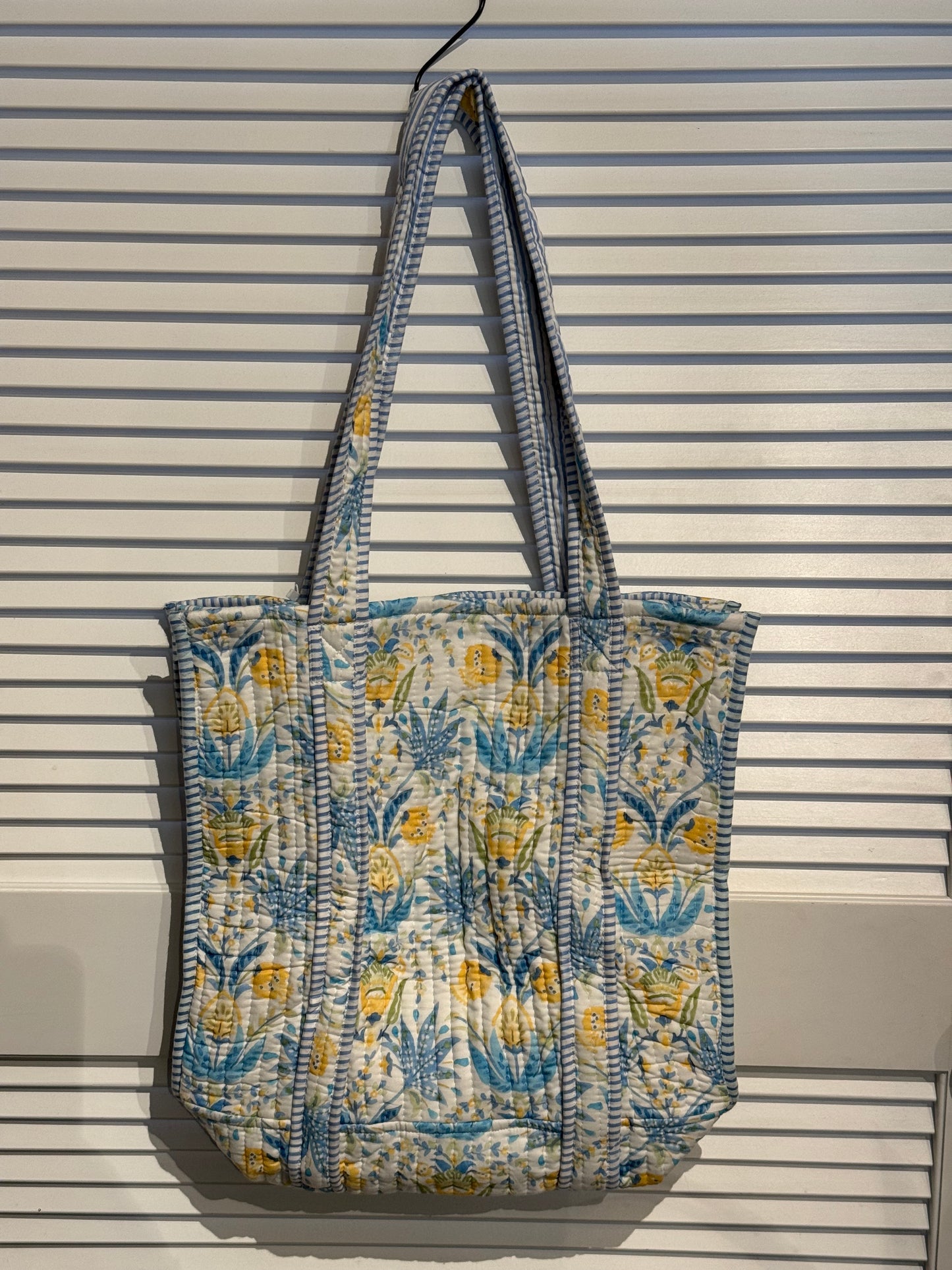 Blue/yellow floral printed reversible tote