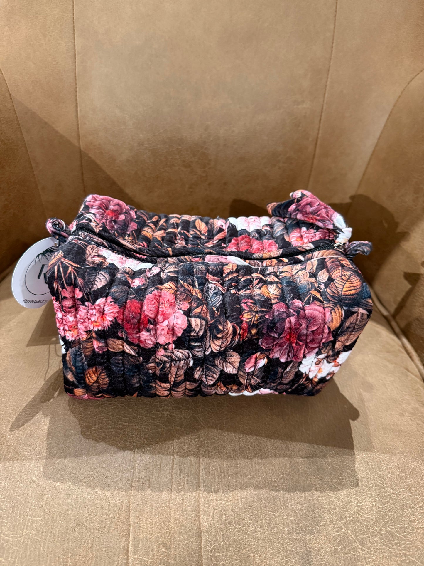Pink/brown floral printed velvet pouch