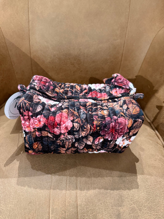 Pink/brown floral printed velvet pouch