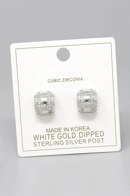 CZ Quilted Crosshatch Huggie Stud Earrings-silver
