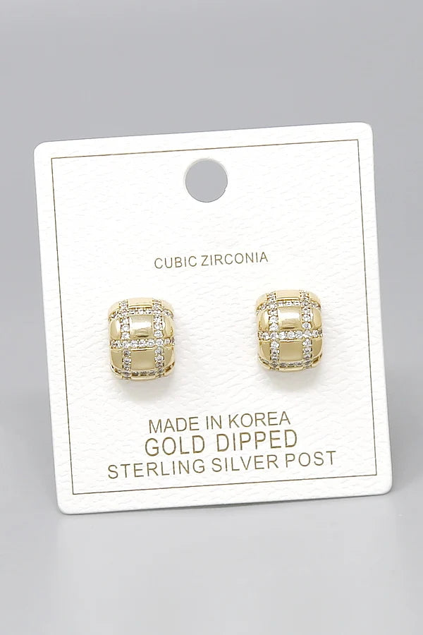 CZ Quilted Crosshatch Huggie Stud Earrings-gold