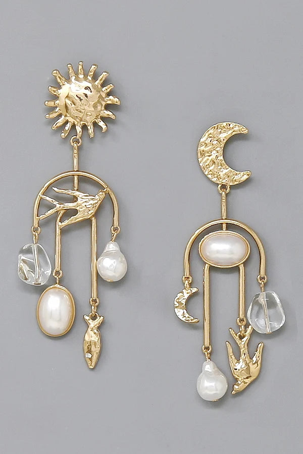 Celestial Bird & Faux Pearl Kinetic Mobile Dangle Earrings