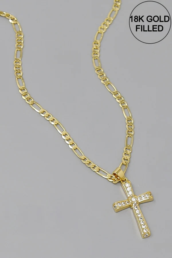 Cross CZ Pave Pendant Gold Filled Figaro Chain Necklace