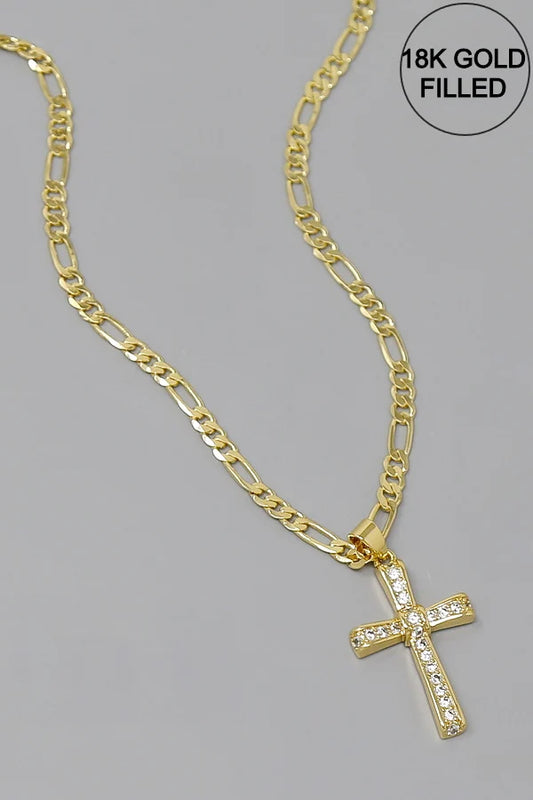 Cross CZ Pave Pendant Gold Filled Figaro Chain Necklace