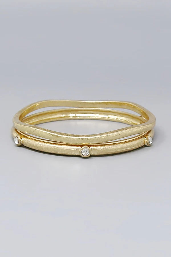 Crystal Accent Brushed Metal Organic Wavy Bangle Set