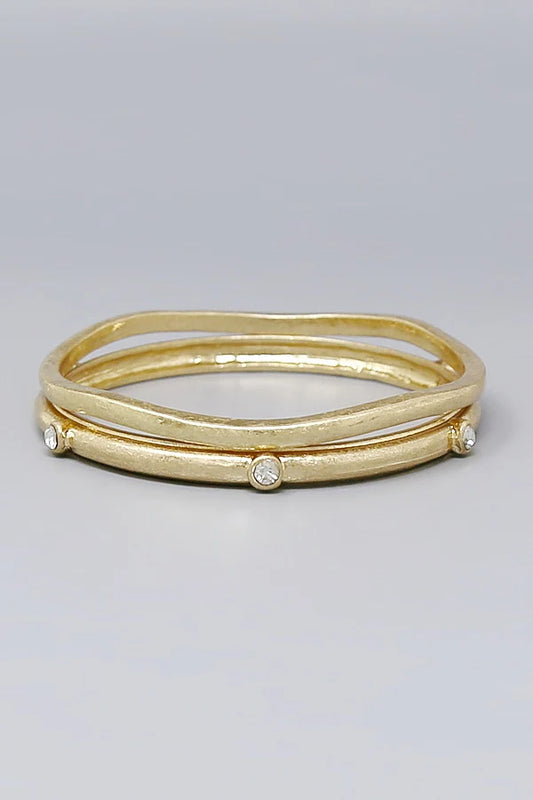 Crystal Accent Brushed Metal Organic Wavy Bangle Set