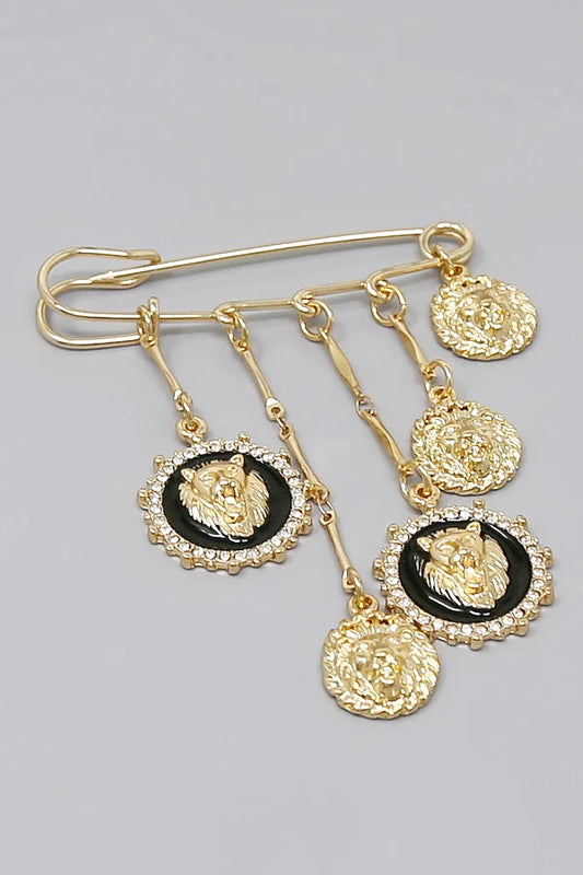 Dangling Lion Medallion Safety Pin Brooch