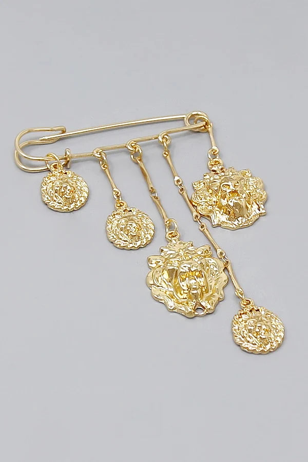 Dangling Lion Medallion Safety Pin Brooch