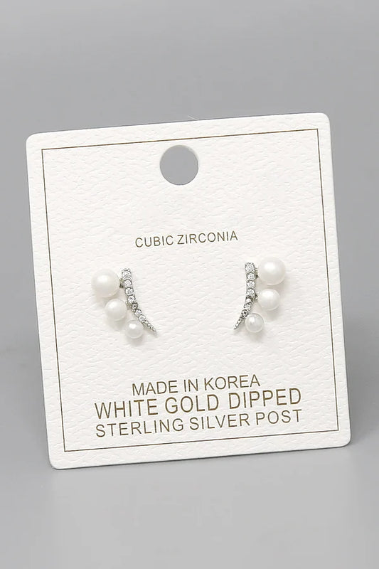 Pearl and CZ Ear Crawler Studs-silver