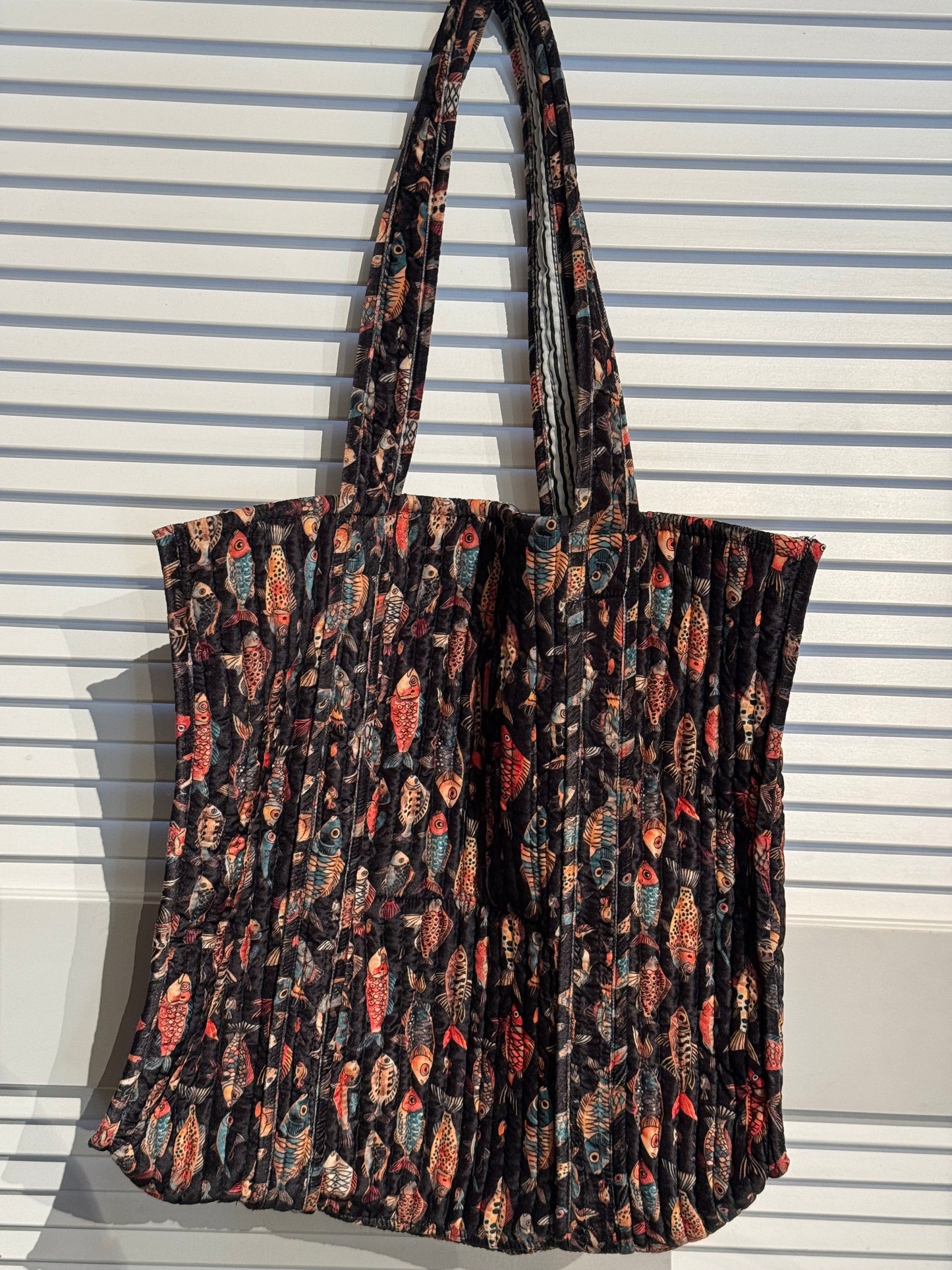 dark fish printed velvet tote