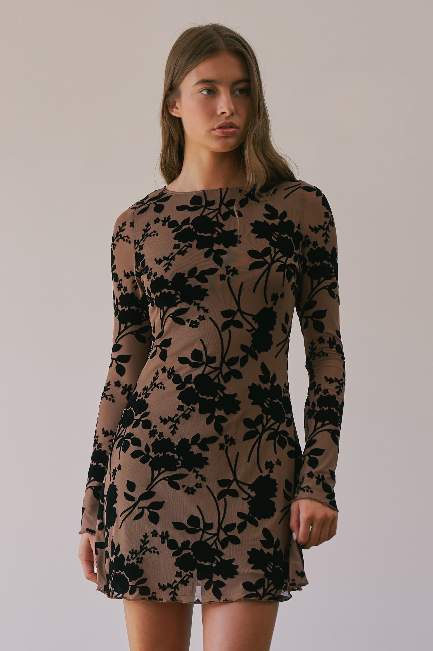 Floral Mesh Velvet LS Mini Dress