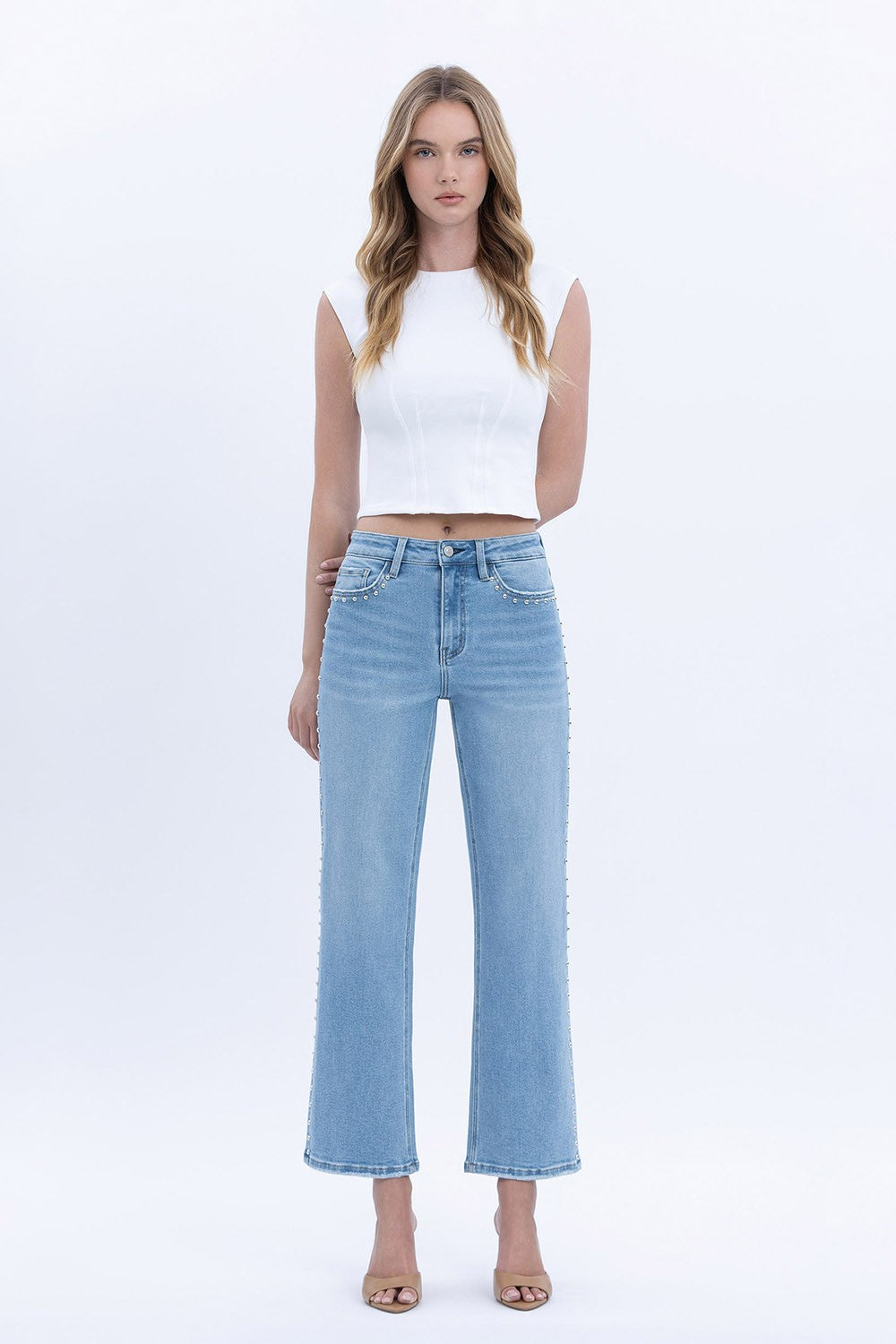 HR Ankle Studded Slim Wide Jeans