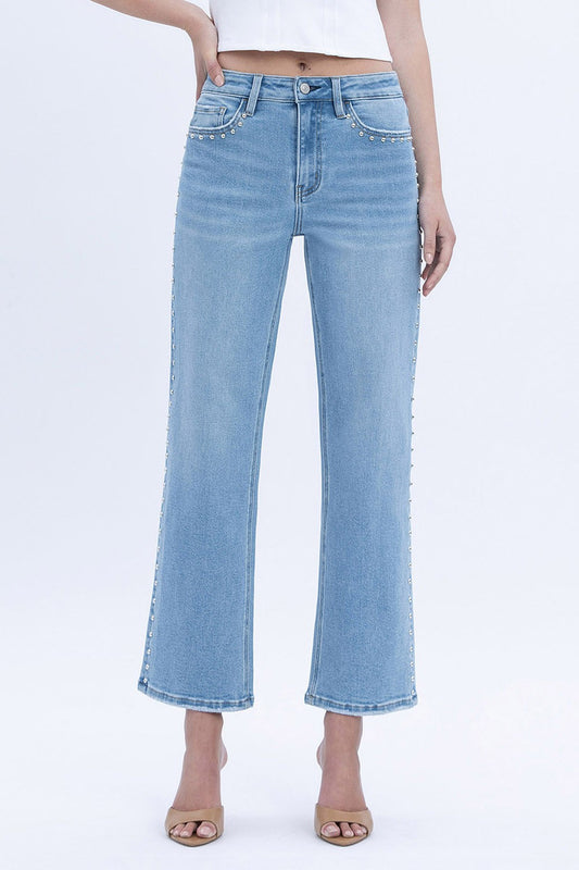 HR Ankle Studded Slim Wide Jeans