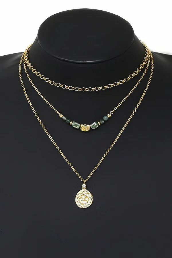 Hammered Coin Pendant Layered Link Chain Necklace