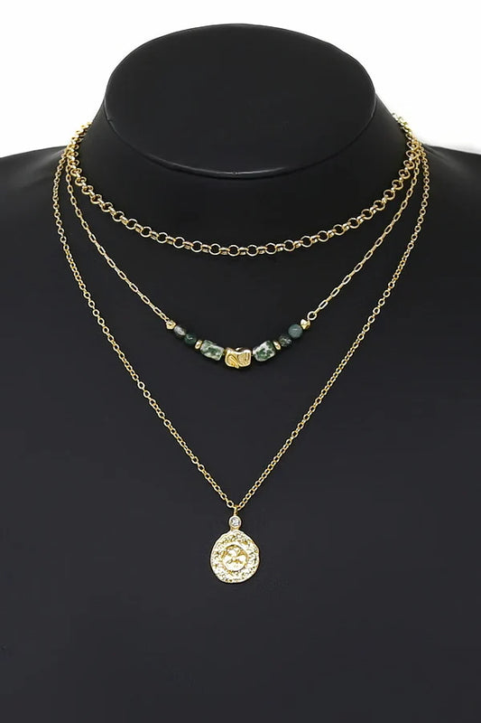 Hammered Coin Pendant Layered Link Chain Necklace