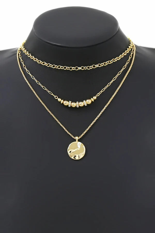 Hammered Disc Pendant Layered Chain Necklace