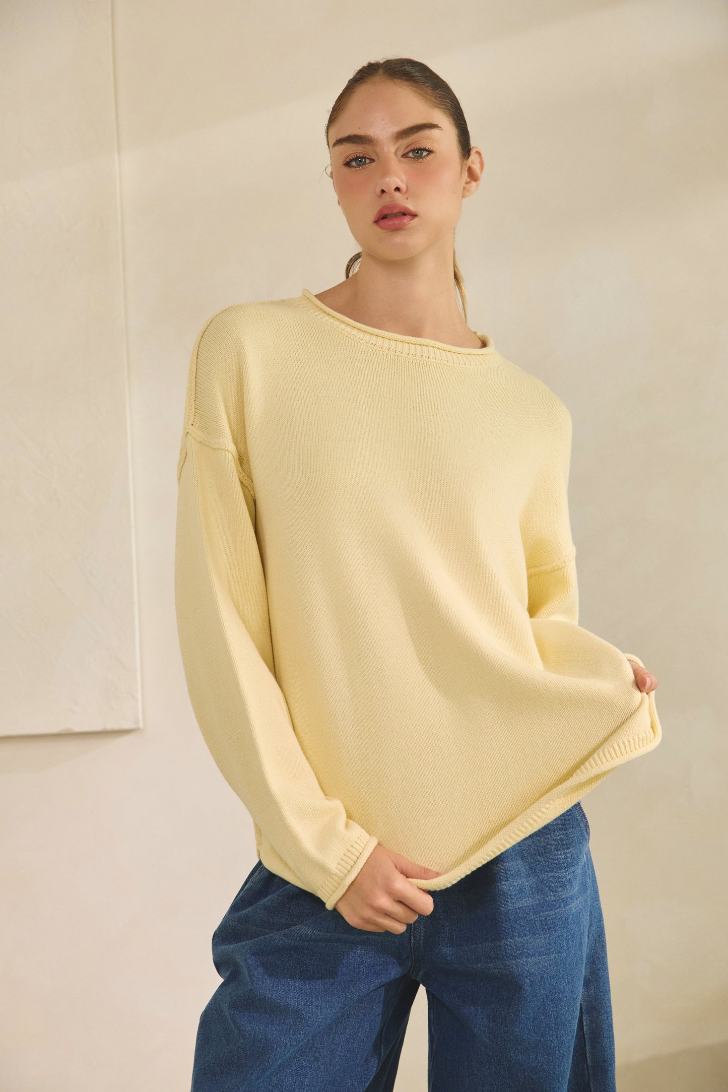 inside out roll neck pullover sweater