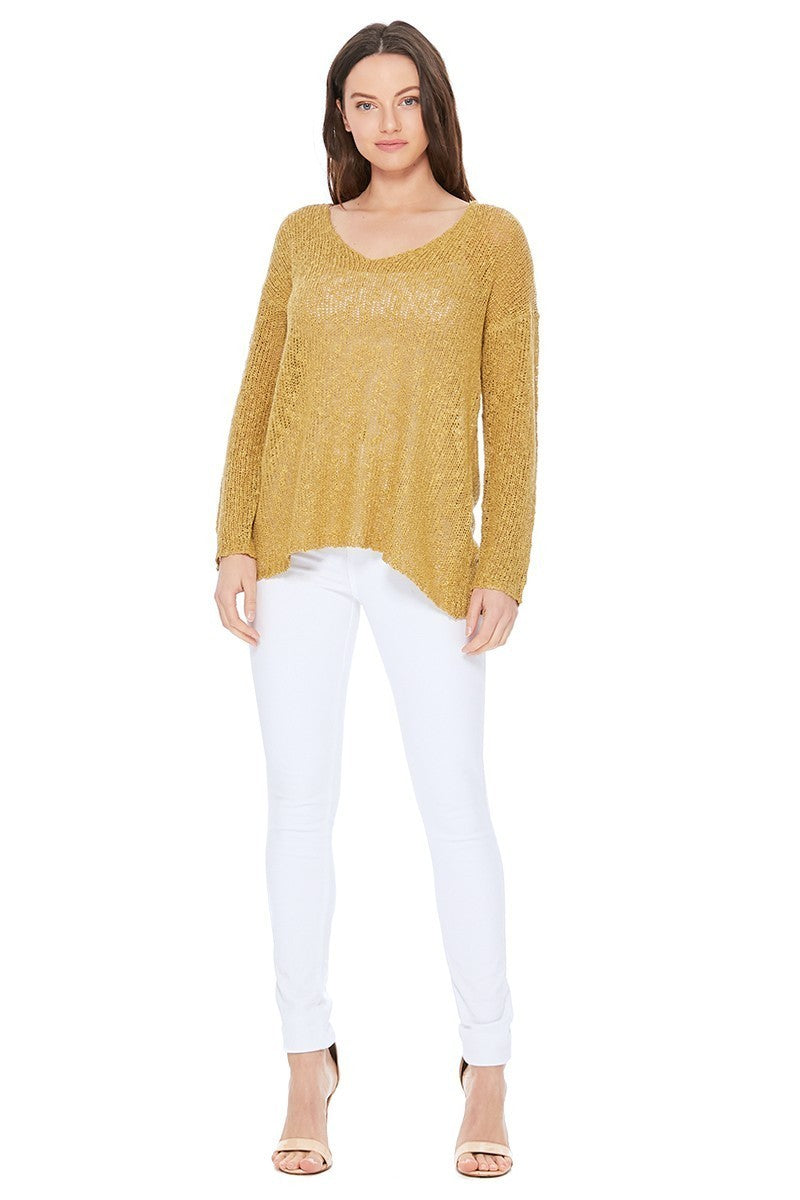 LS V Neck Slub Knit Sweater Top