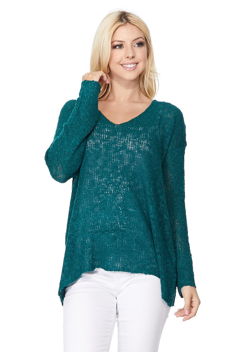 LS V Neck Slub Knit Sweater Top