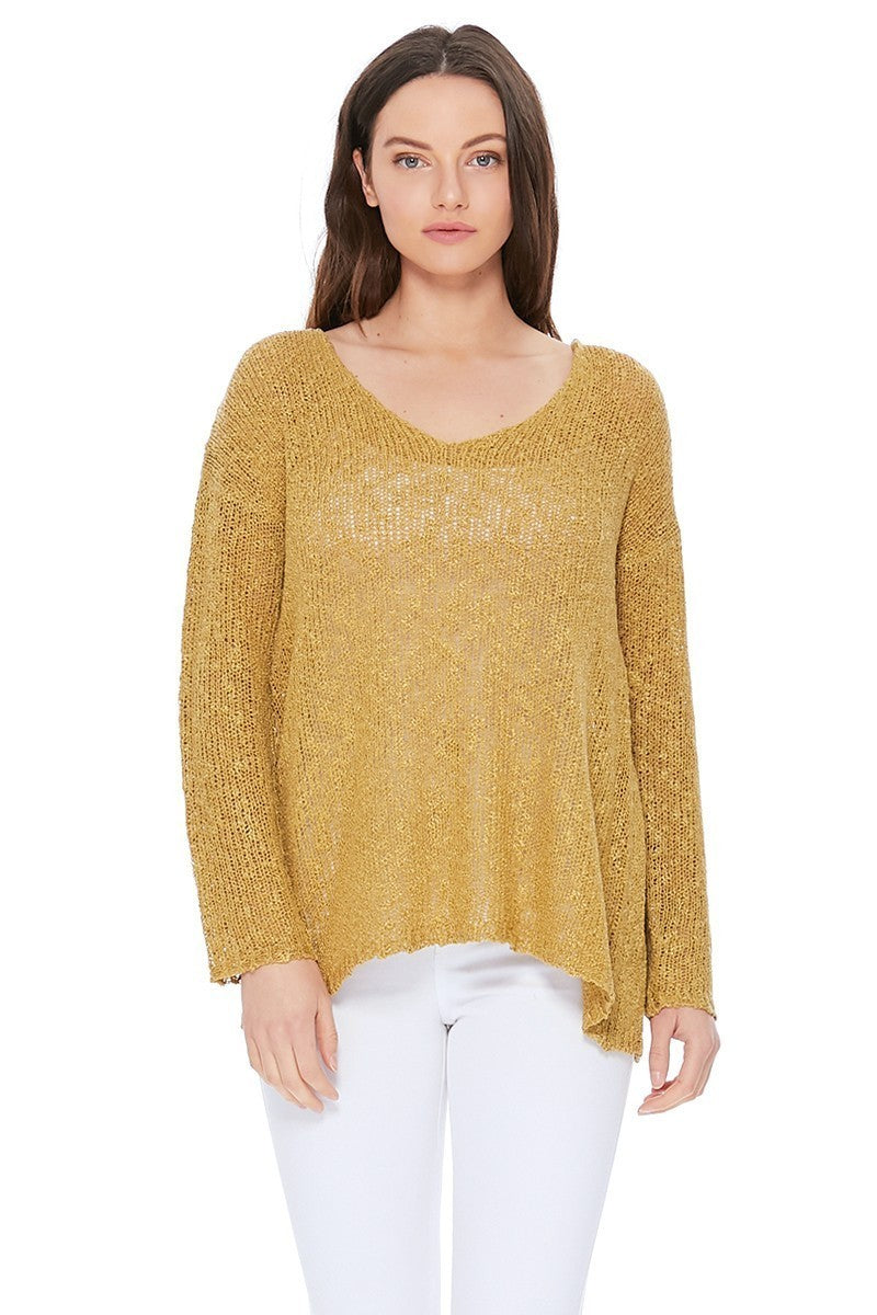 LS V Neck Slub Knit Sweater Top