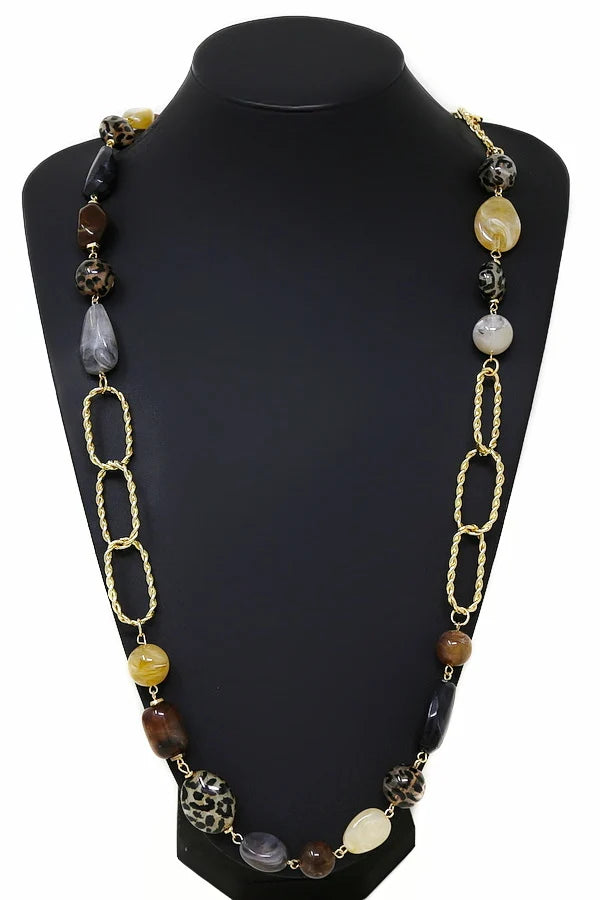 Leopard & Marble Resin Bead Long Link Necklace