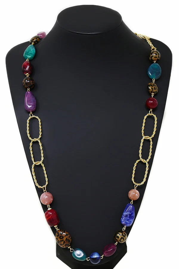 Leopard & Marble Resin Bead Long Link Necklace