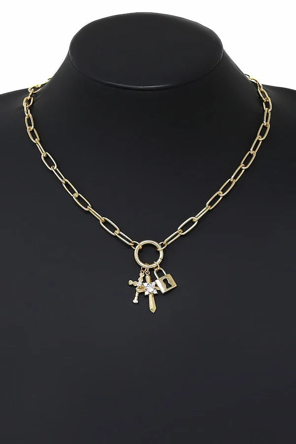 Lock And Cross Pendant Gold Dipped Chain Necklace