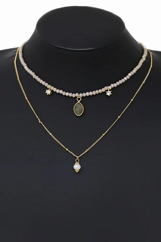 Pearl Charm Layered Satellite Chain & Crystal Bead Necklace-lavender
