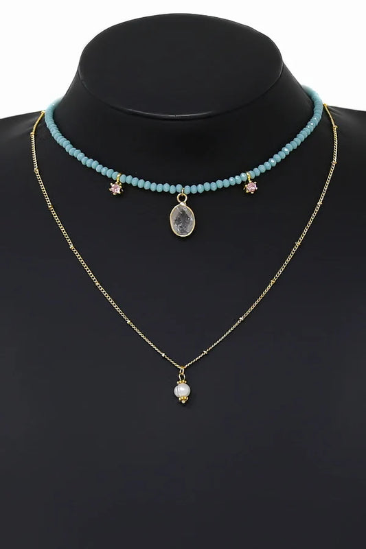 Pearl Charm Layered Satellite Chain & Crystal Bead Necklace-turqouise