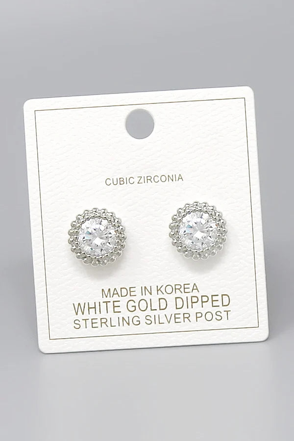Round Cubic Zirconia Beaded Border Gold Dipped Stud Earrings-silver