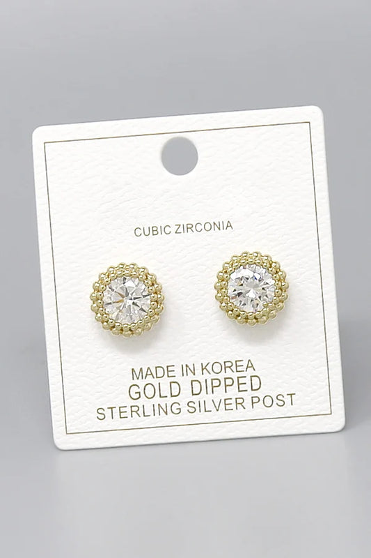 Round Cubic Zirconia Beaded Border Gold Dipped Stud Earrings-gold