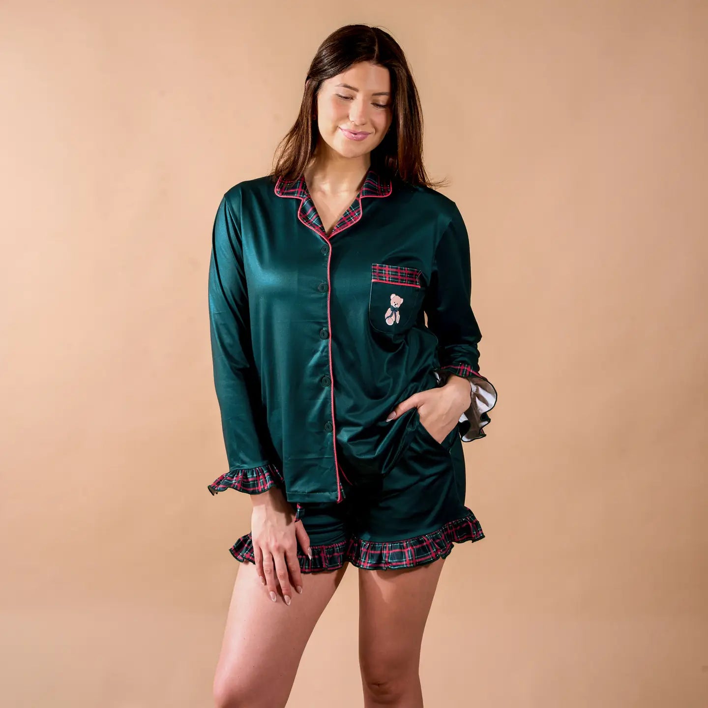 Sweet Dreams Shorts Set-Evergreen Plaid