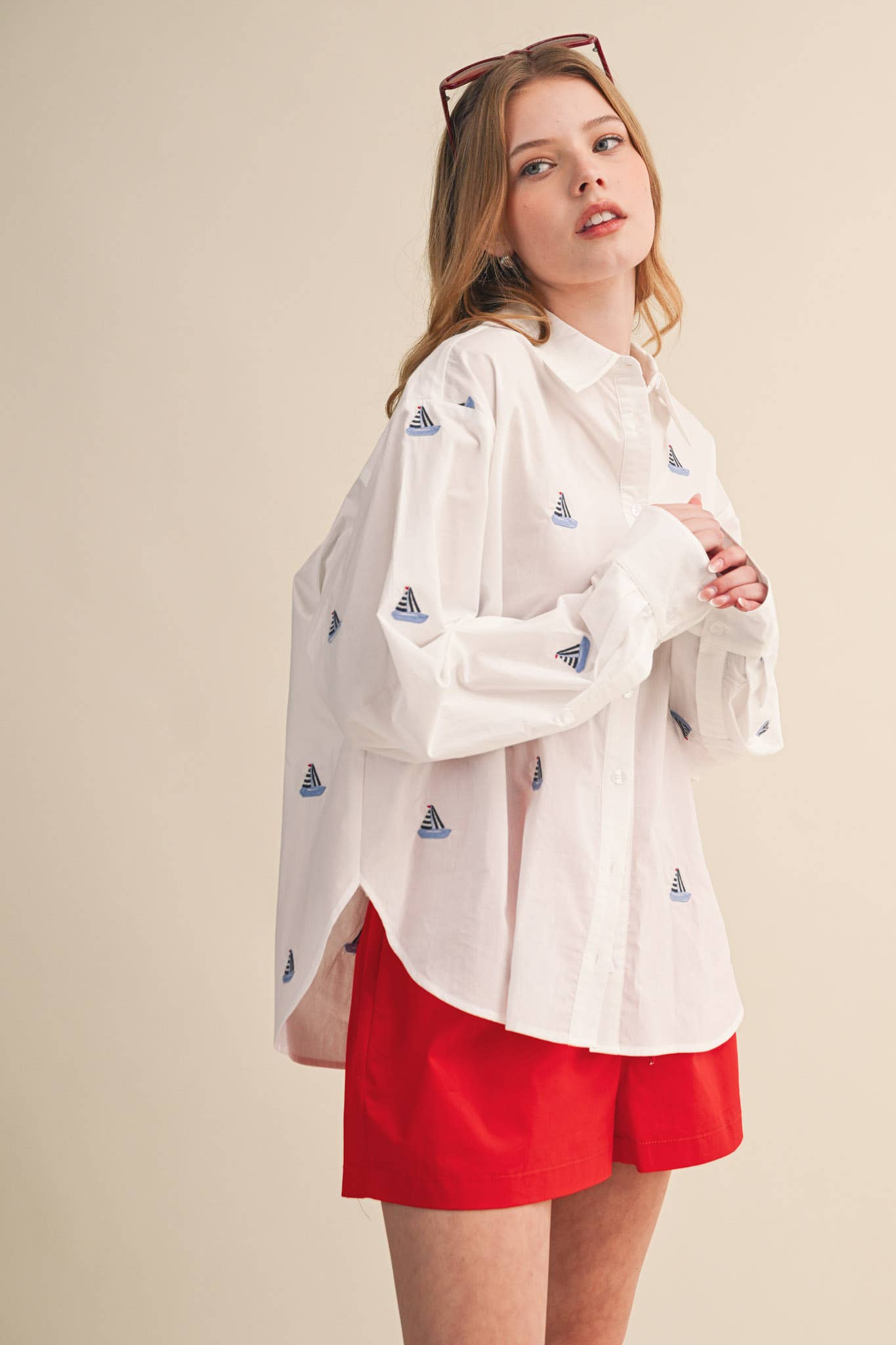 Sailboat Embroidered Button Down Shirt