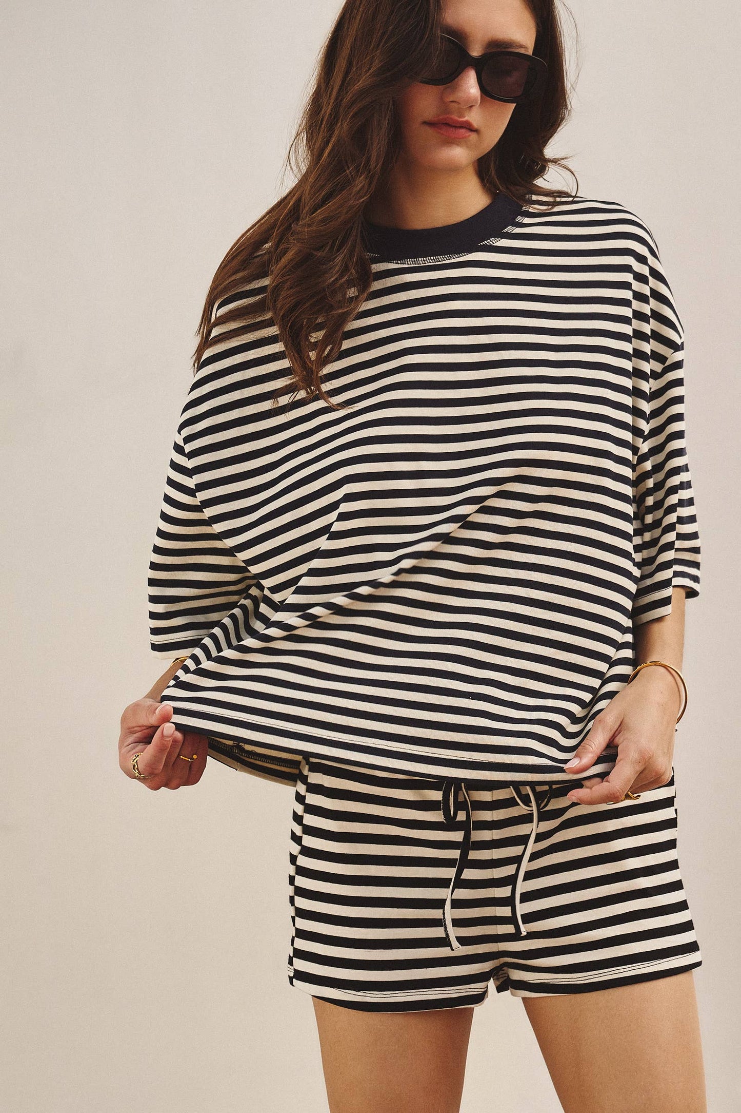 Oversized Striped Contrast Neck Boxy Tee