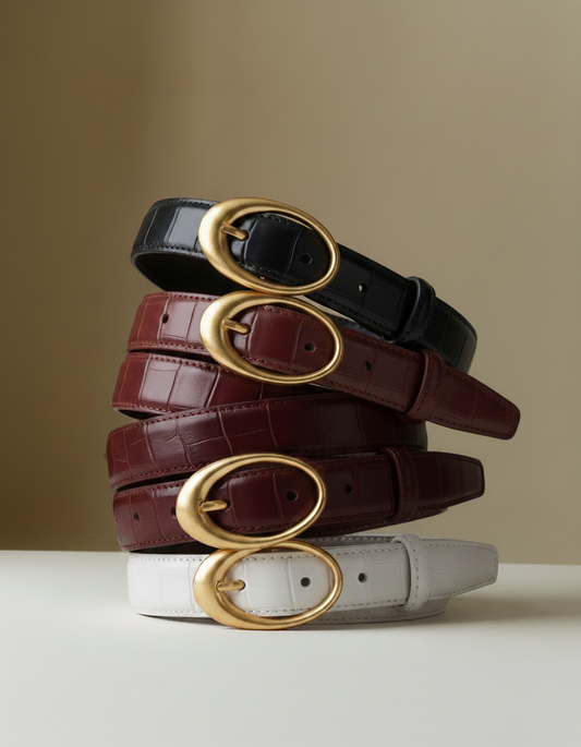 Croco Clean Stitched Belt with Oval Buckle