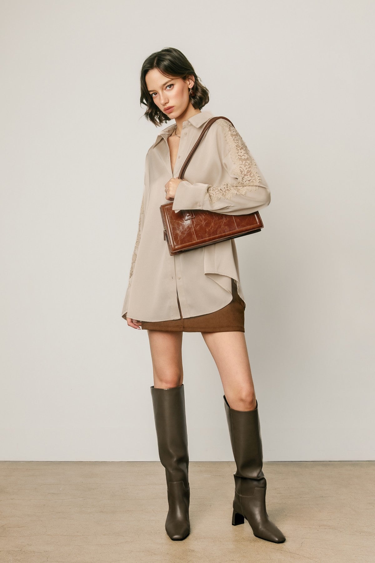 loreli lace sleeve satin oversized shirt