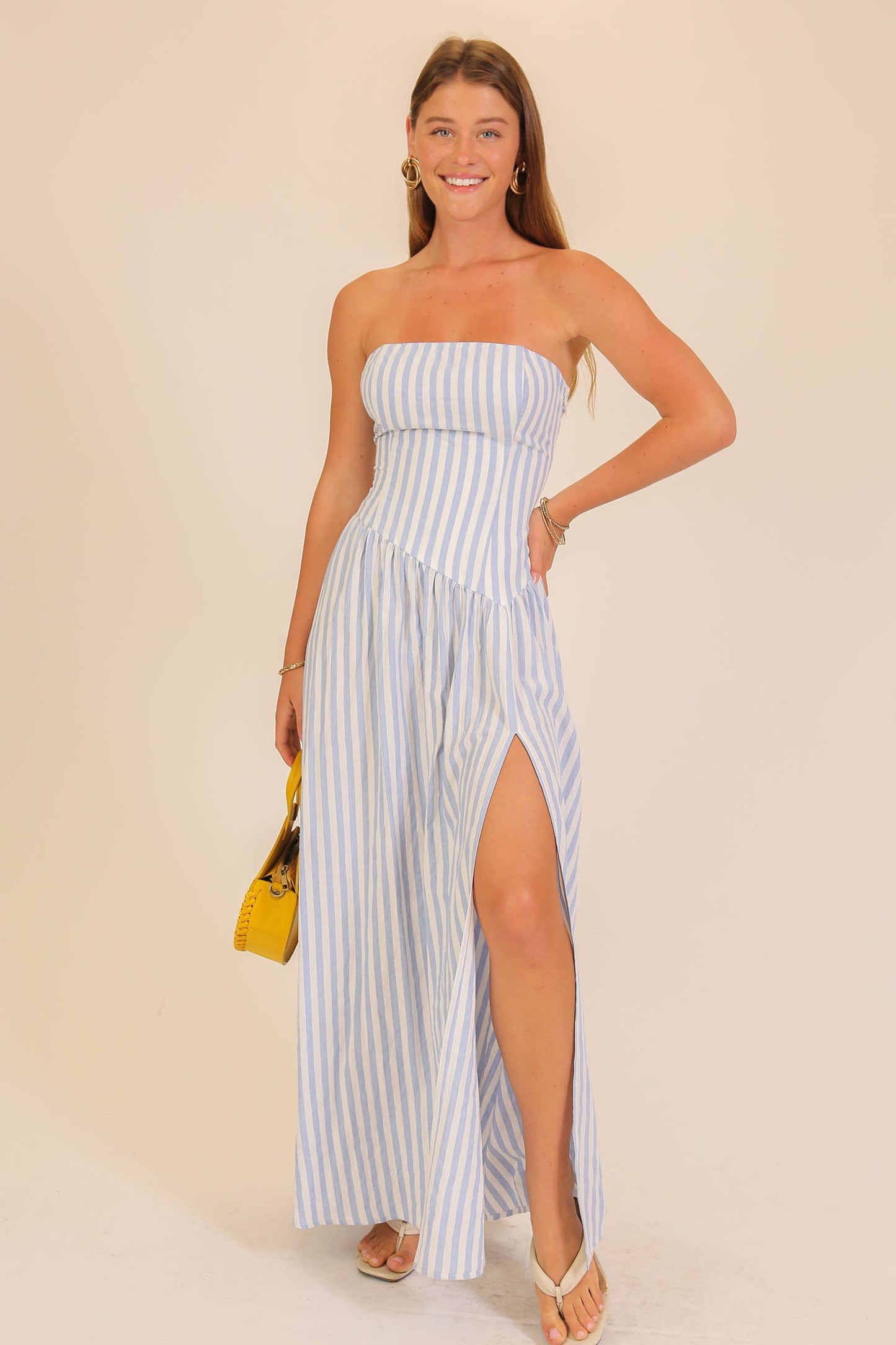 Seaside Striped Strapless Side Slit Maxi Dress