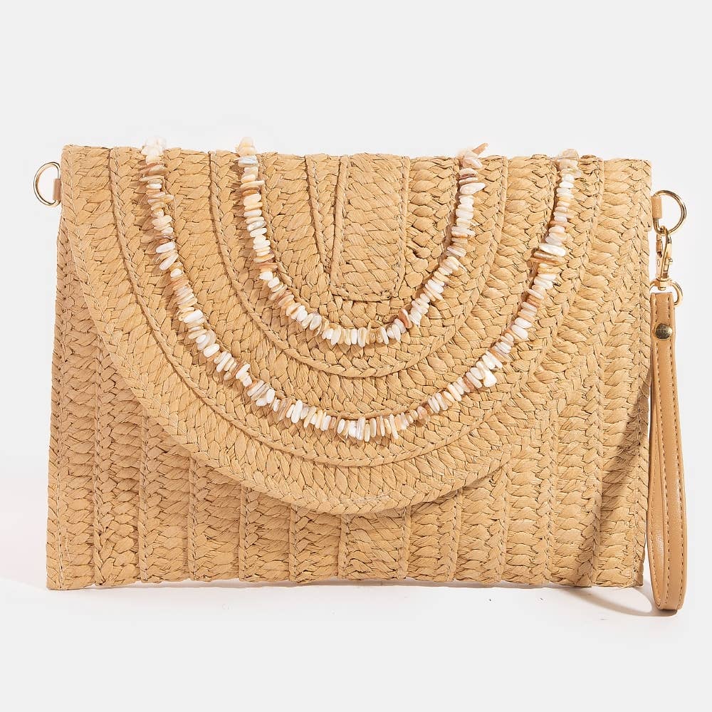 Shell Beaded Accent Paper Woven Envelope Clutch Bag