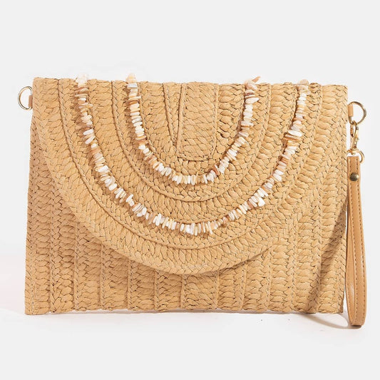 Shell Beaded Accent Paper Woven Envelope Clutch Bag