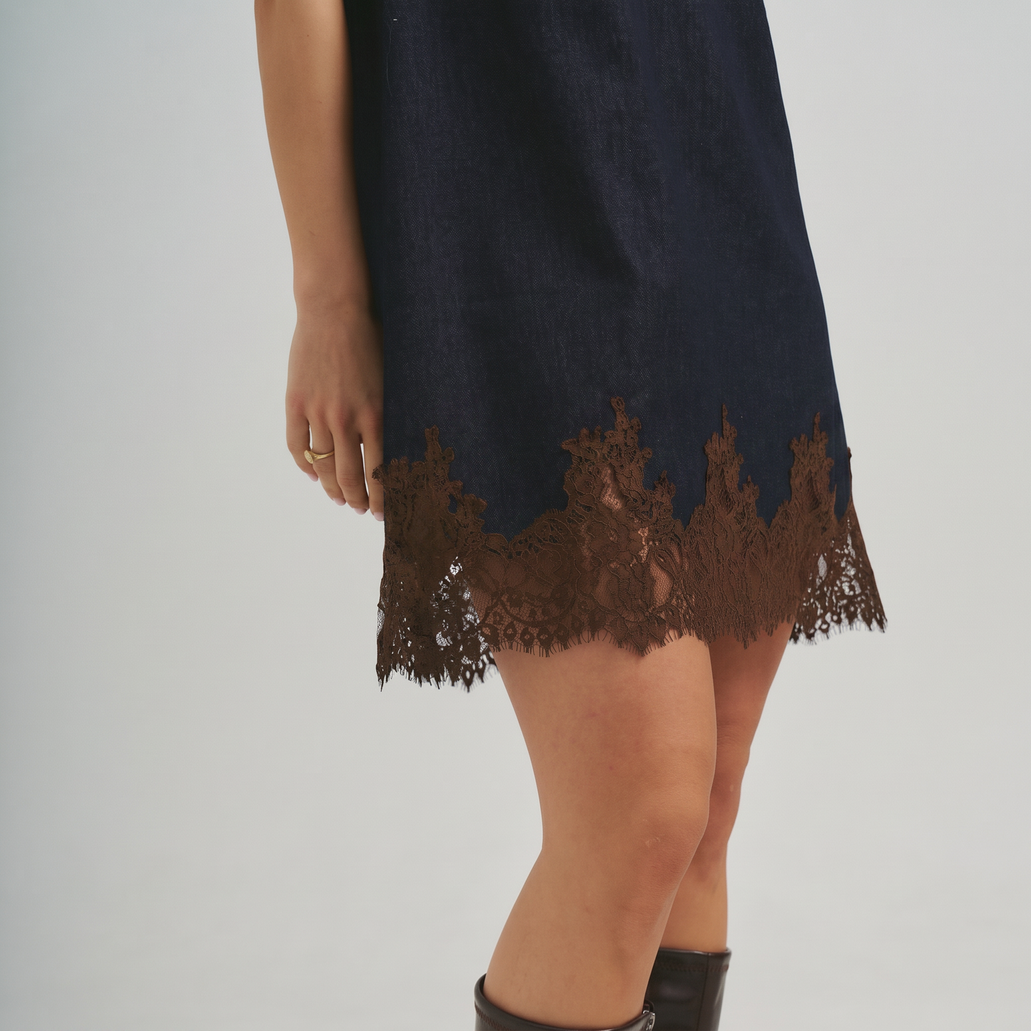 Lace trimmed denim mini dress