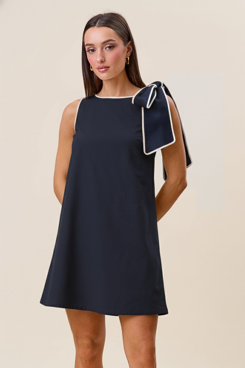 bow shoulder mini shift dress
