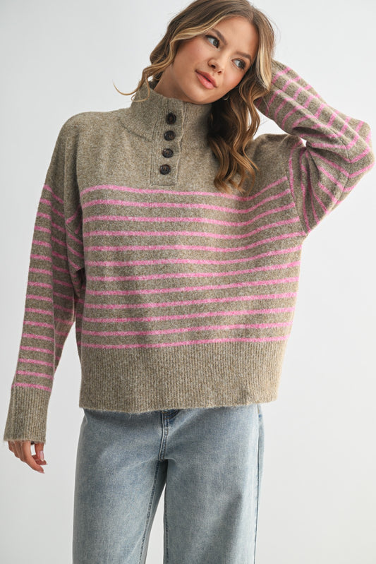 Striped Half Button-Up Sweater